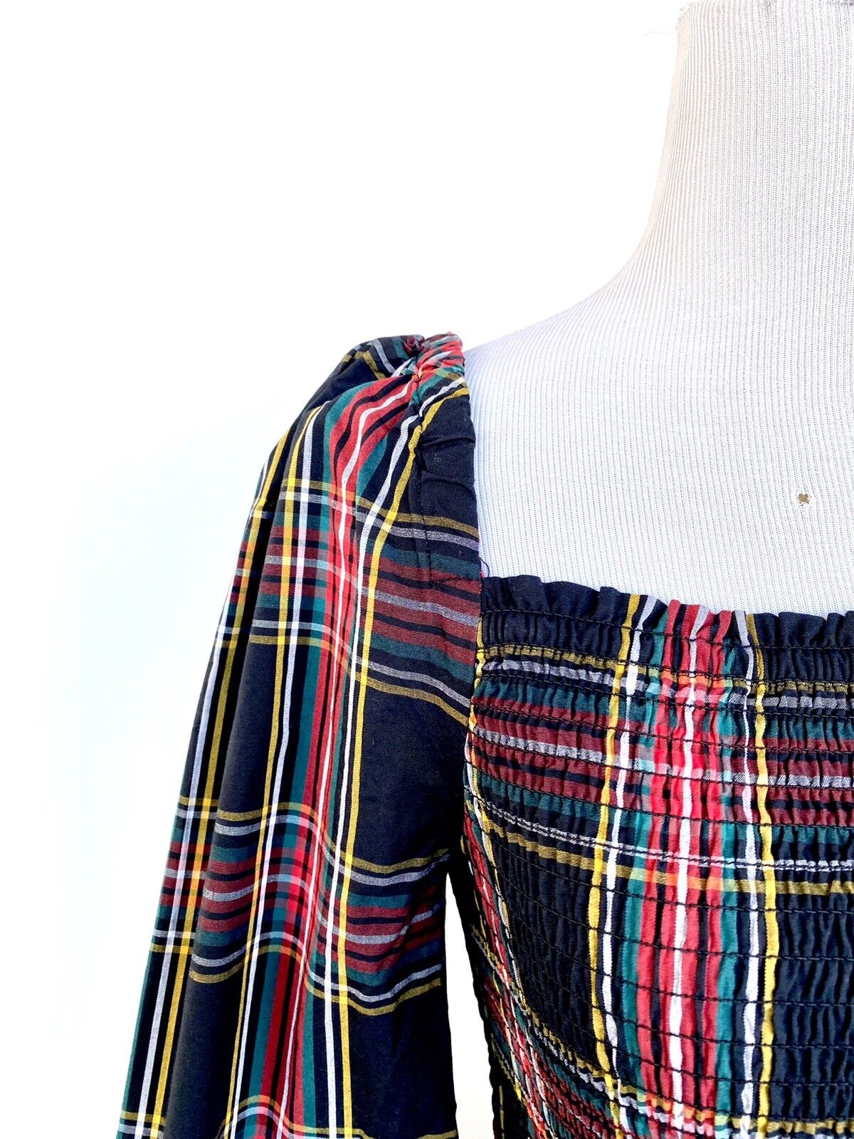 J.Crew Tartan Plaid Smocked Bodice Size M Retail $128 Price $69 Cotton Poplin