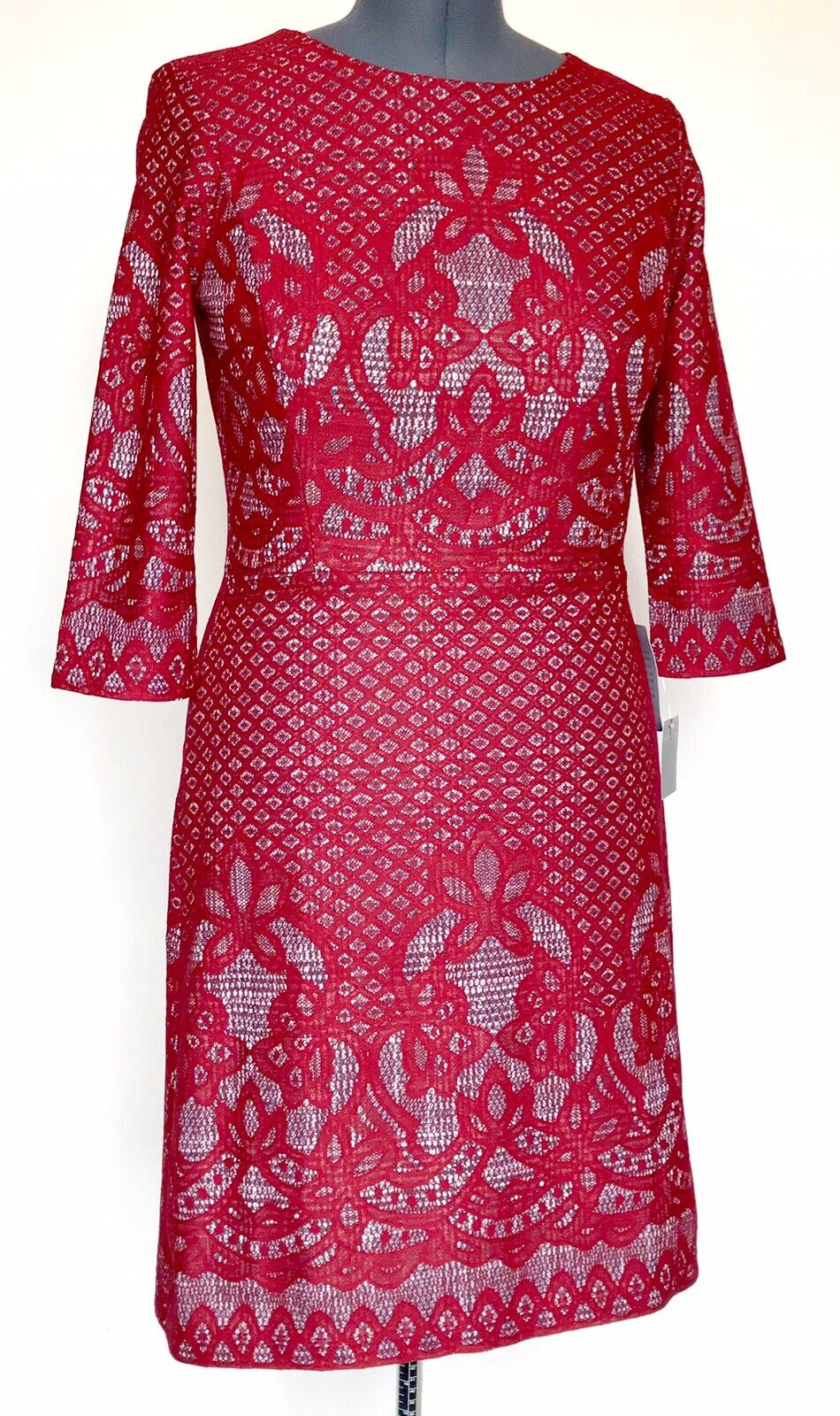 Gabby Skye Mock Lace Dress Ruby Red Black Ivory Retail $98 Price $44 Size 10 NWT