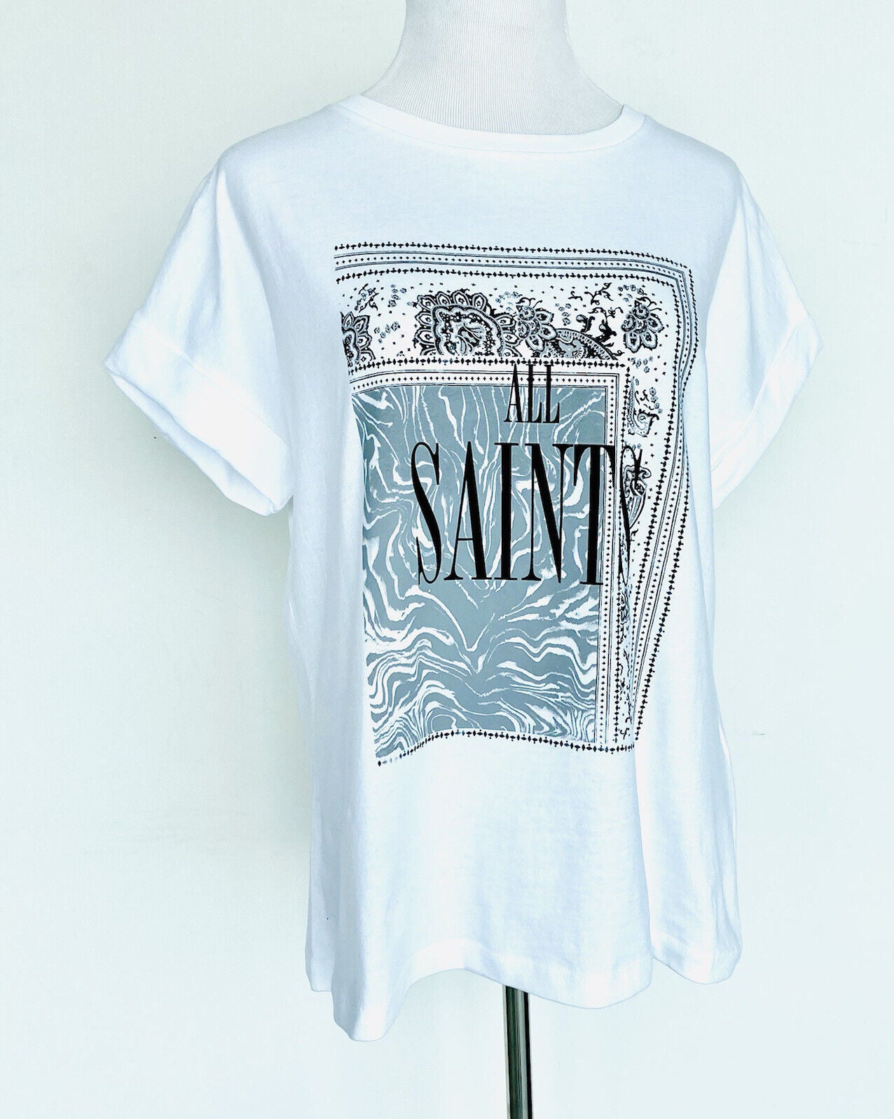 AllSaints Zebura Imogen Boy Tee NWT Price $39 Size XS/ S Roll Sleeve White