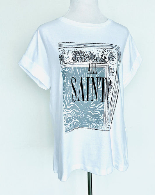 AllSaints Zebura Imogen Boy Tee NWT Price $39 Size XS/ S Roll Sleeve White