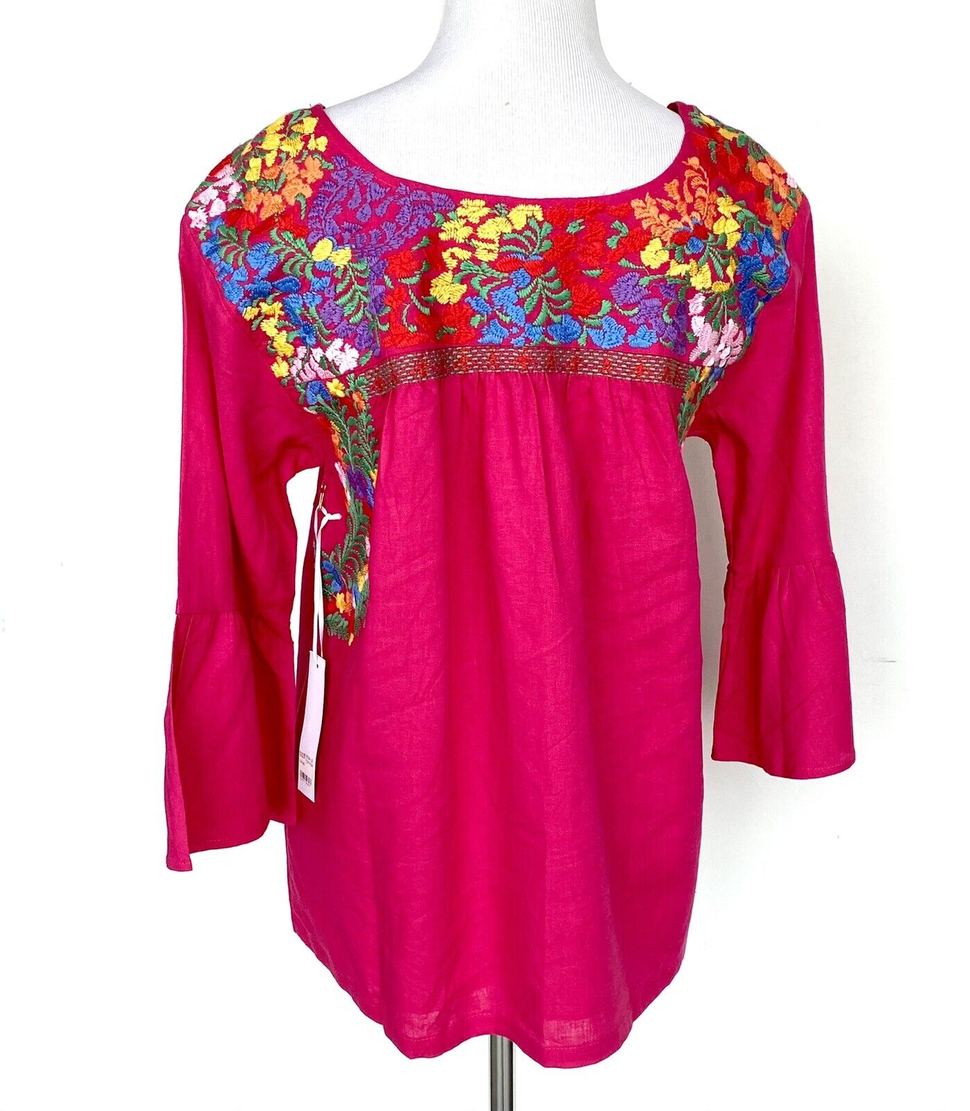 J Marie embroidered Rosa Pink Top bell sleeve XSmall Retail $92 Price $46 NWT