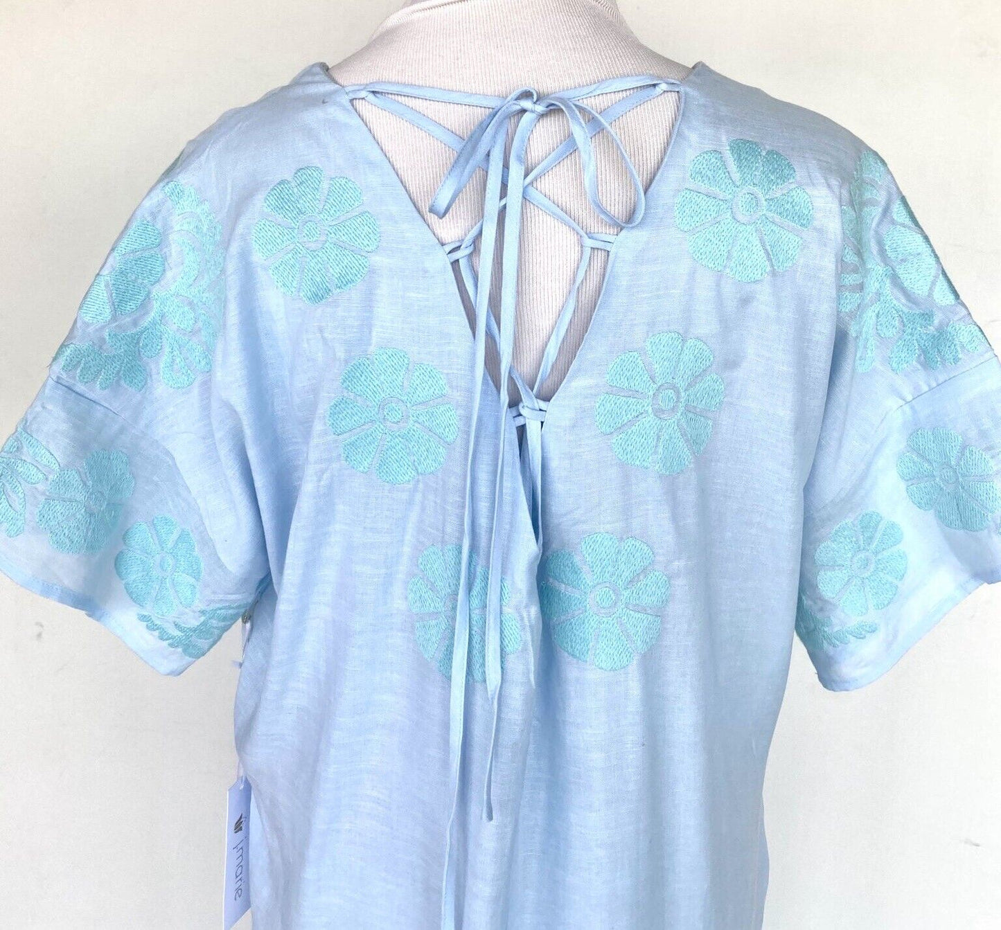 NWT J Marie embroidered Blue Linen mix Kaftan Dress M Retail $136 Price $68