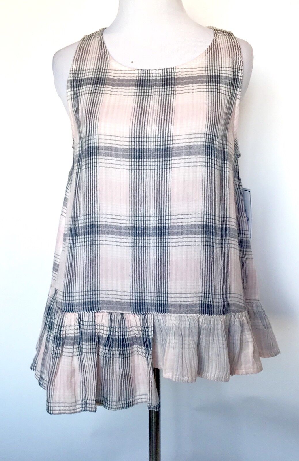 Susina Swing Top Frill Hem. Pink & Grey Plaid Check Size S. NWT Price $29
