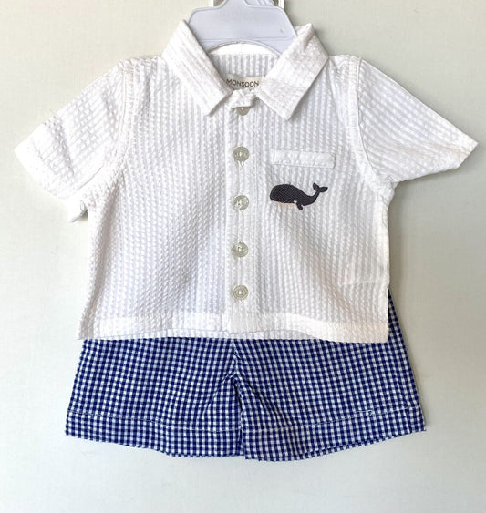 Monsoon London Seersucker Whale White Shirt & Shorts Set 0-3 M Price $32