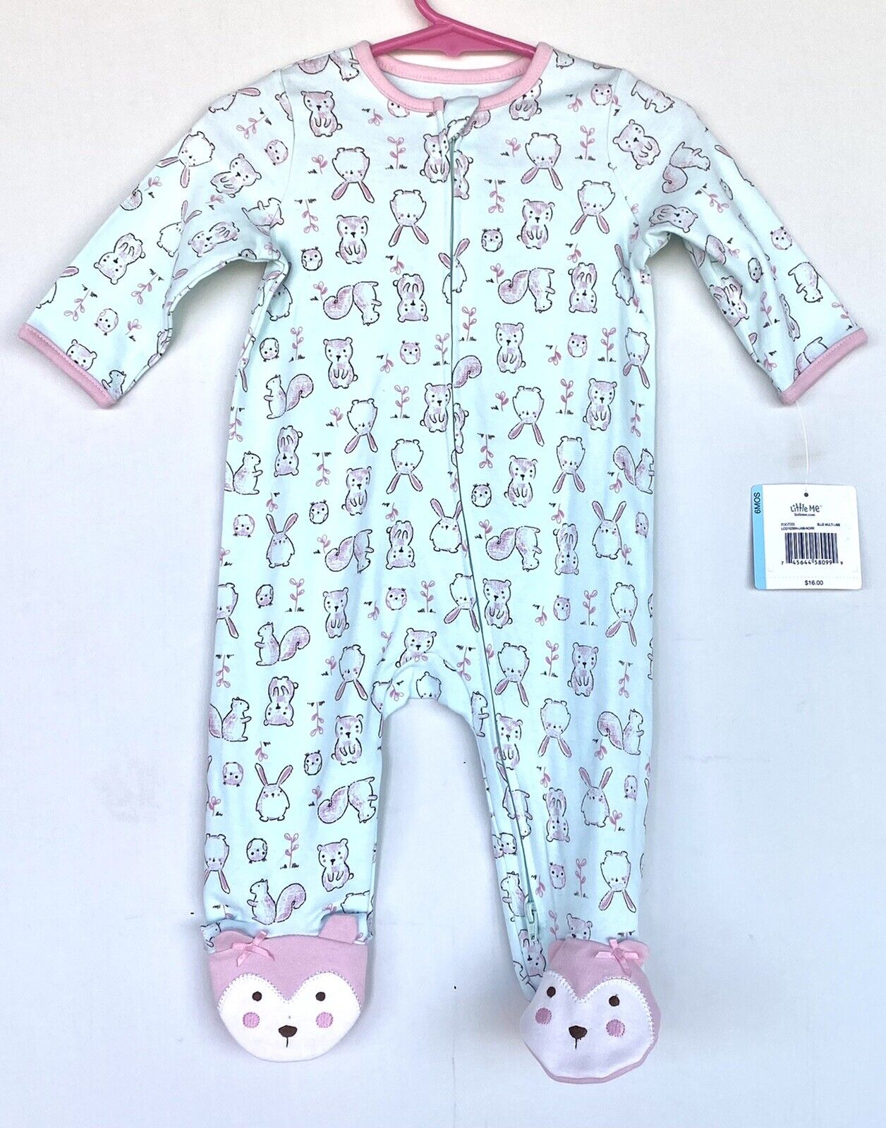Little Me Woodland Animals Footie Pale Blue And Pink 6 Months NWT Price $16