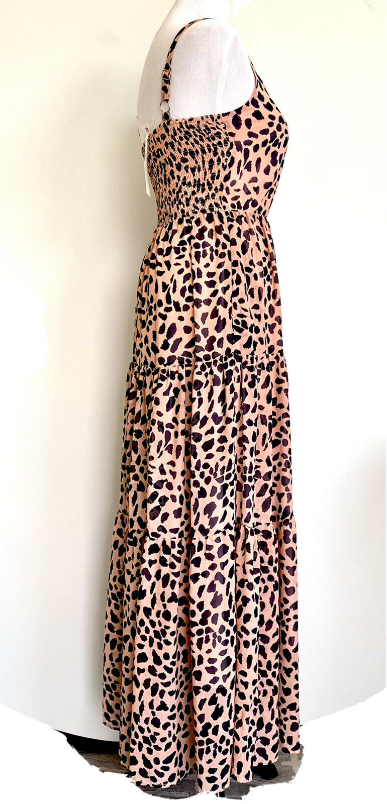 Melloday Salmon Pink & Black Tiered Smocked Back Maxi Dress XS Price $62 NWT