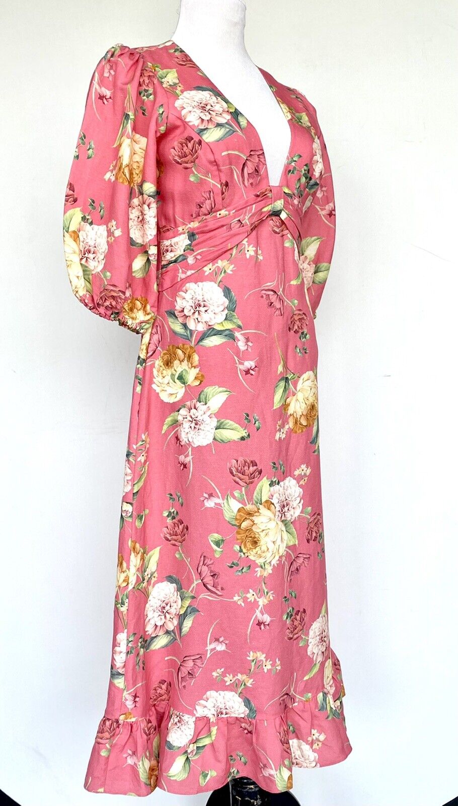 EVER NEW Cartier Linen Puff Sleeve Midi Dress Coral Retail $200 Price $124 Sz 10