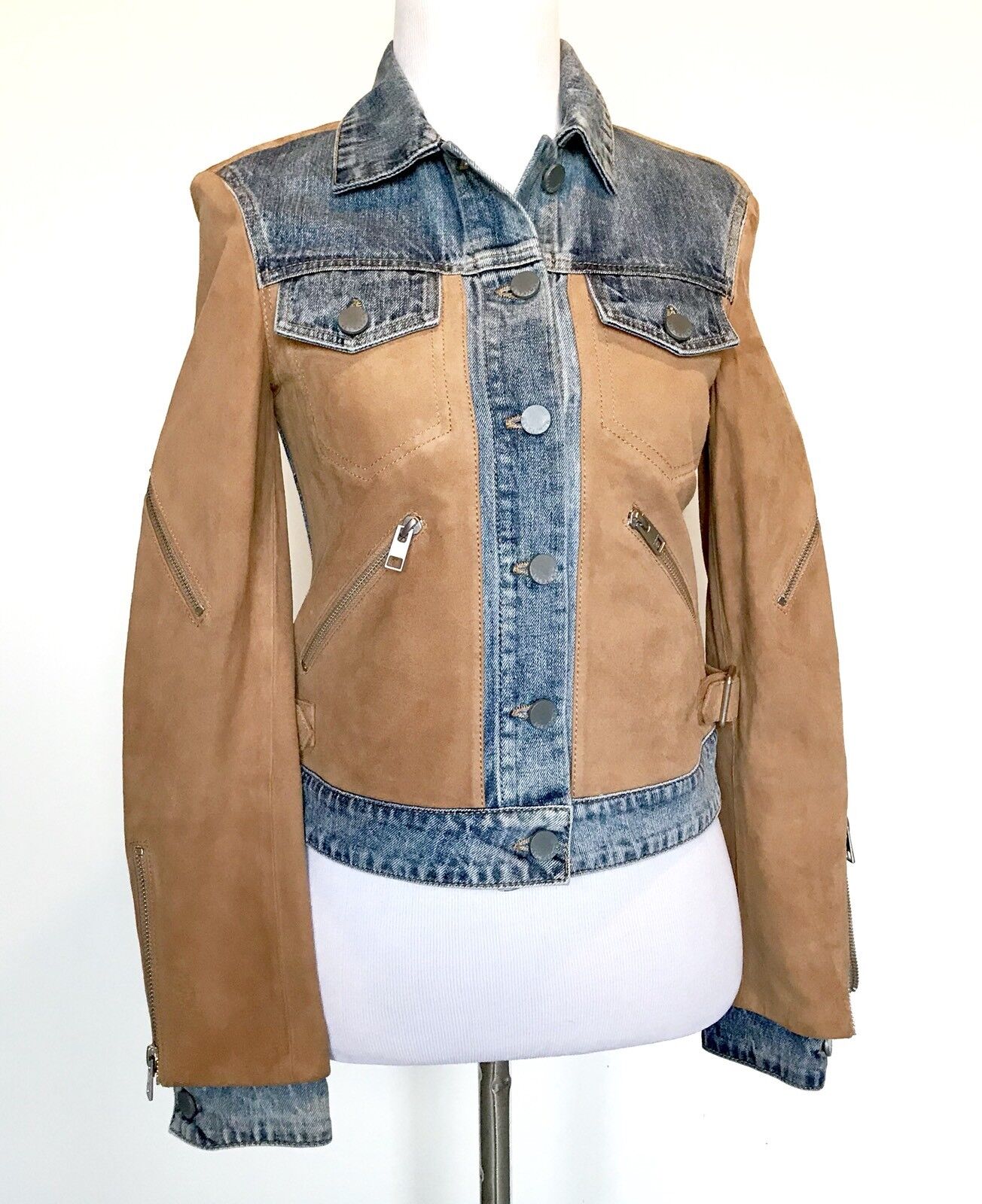 AllSaints Curtis Denim & Suede Leather Jacket NWT Retail $725 Price $335 Size 0