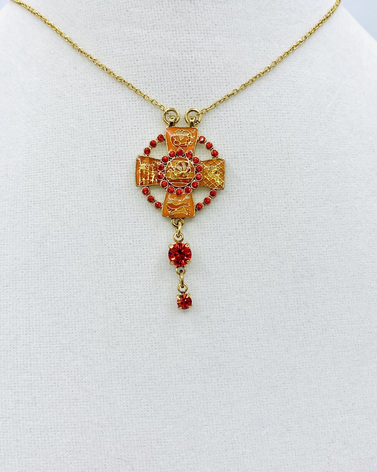 PILGRIM SWAROVSKI CRYSTAL GOLD PLATED Coral Red Cross Necklace. PRICE $16
