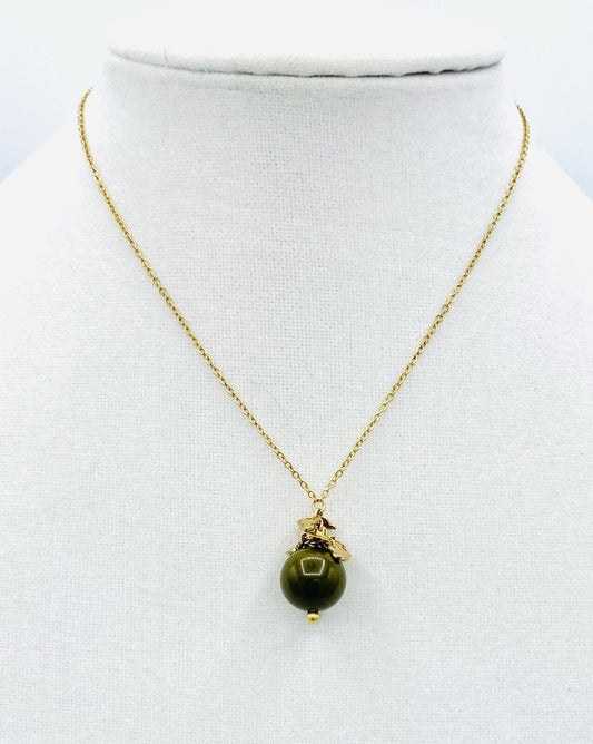 Pilgrim Bead Gem Necklace In Olive Green. 14 Carat Gold Plate Price $14  NWT