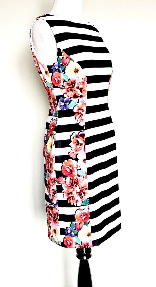 Tahari Arthur S. Levine Black Stripe Flower Dress 4P. NWT Retail $134 Price $59