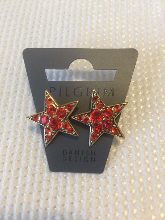 Pilgrim Jewelry Gold Plated Red Swarovski Crystal Star Earrings NWT Price $14