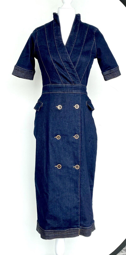 Karen Millen Gold Button Stretch Denim Pencil dress US 2 Retail $232 Price $169