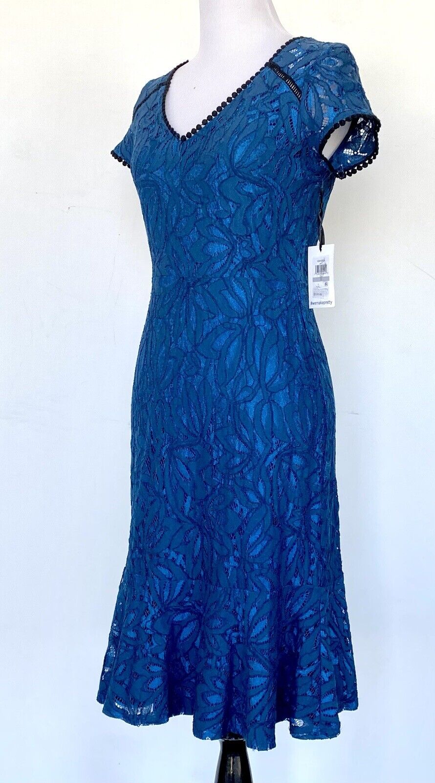 KENSIE Blue & Black Lace Dress Size 0 RETAILS $118 Price $65 Pom Pom Edge