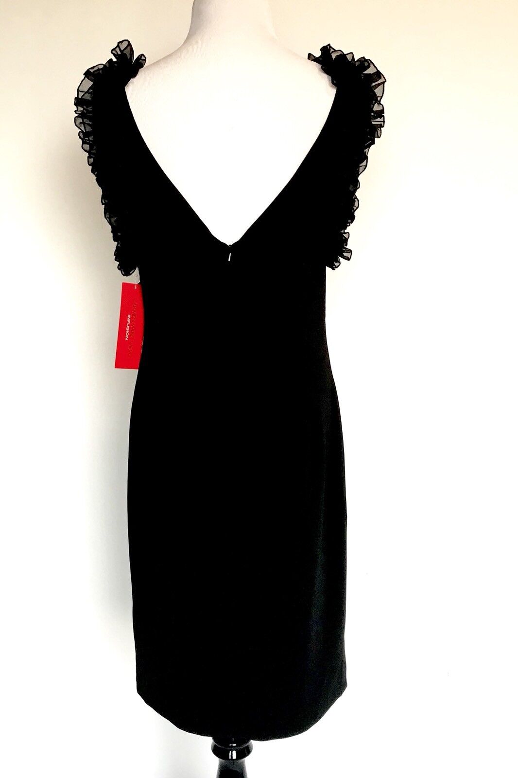 Carmen Marc Valvo Sz 8 Sheath Dress Black Ruffle Arms Retail $325 Price $148 NWT