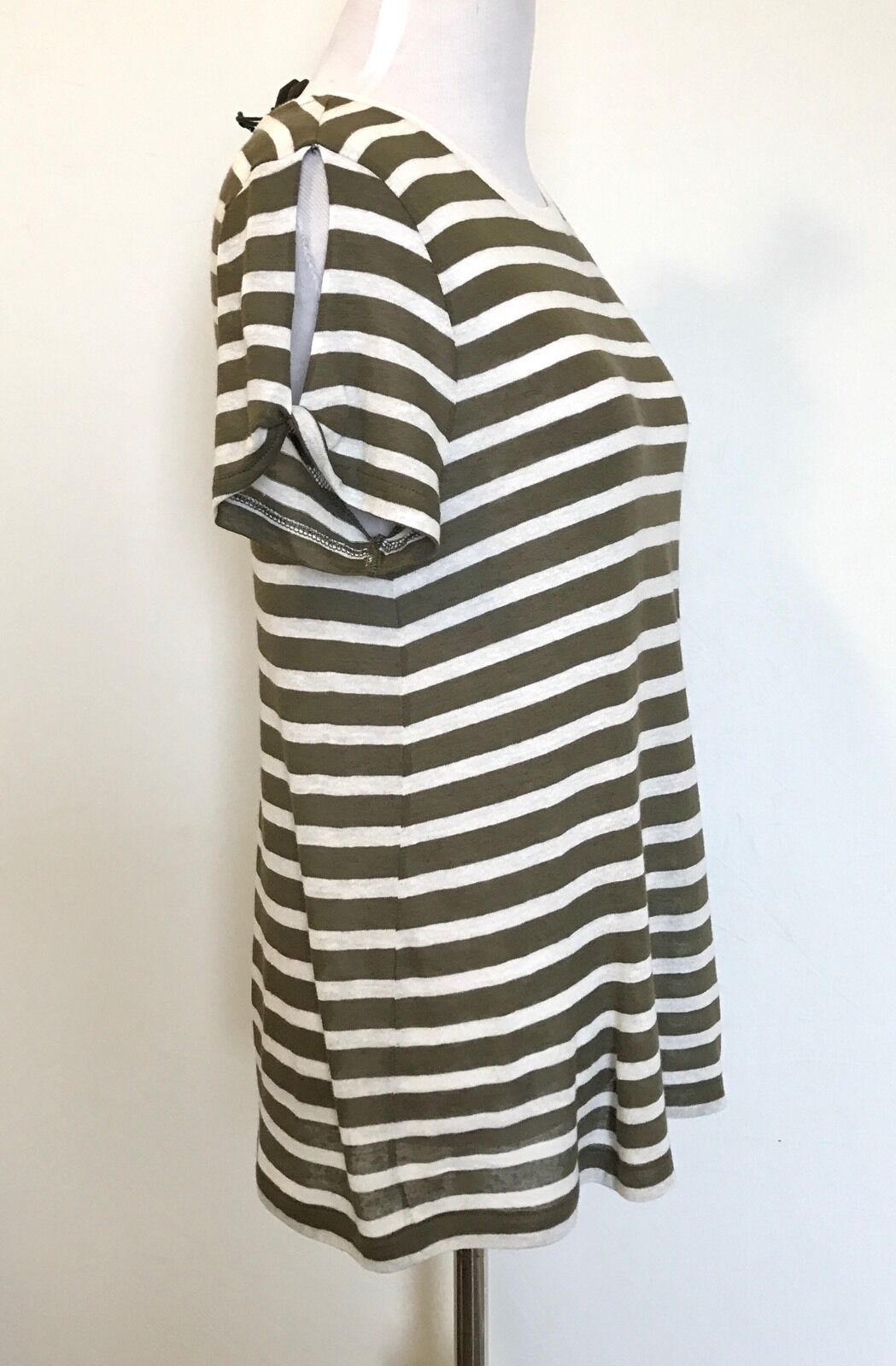 AllSaints Mazzy Khaki Stripe Linen Mix Tee NWT Retail $85 Price $36 Size S