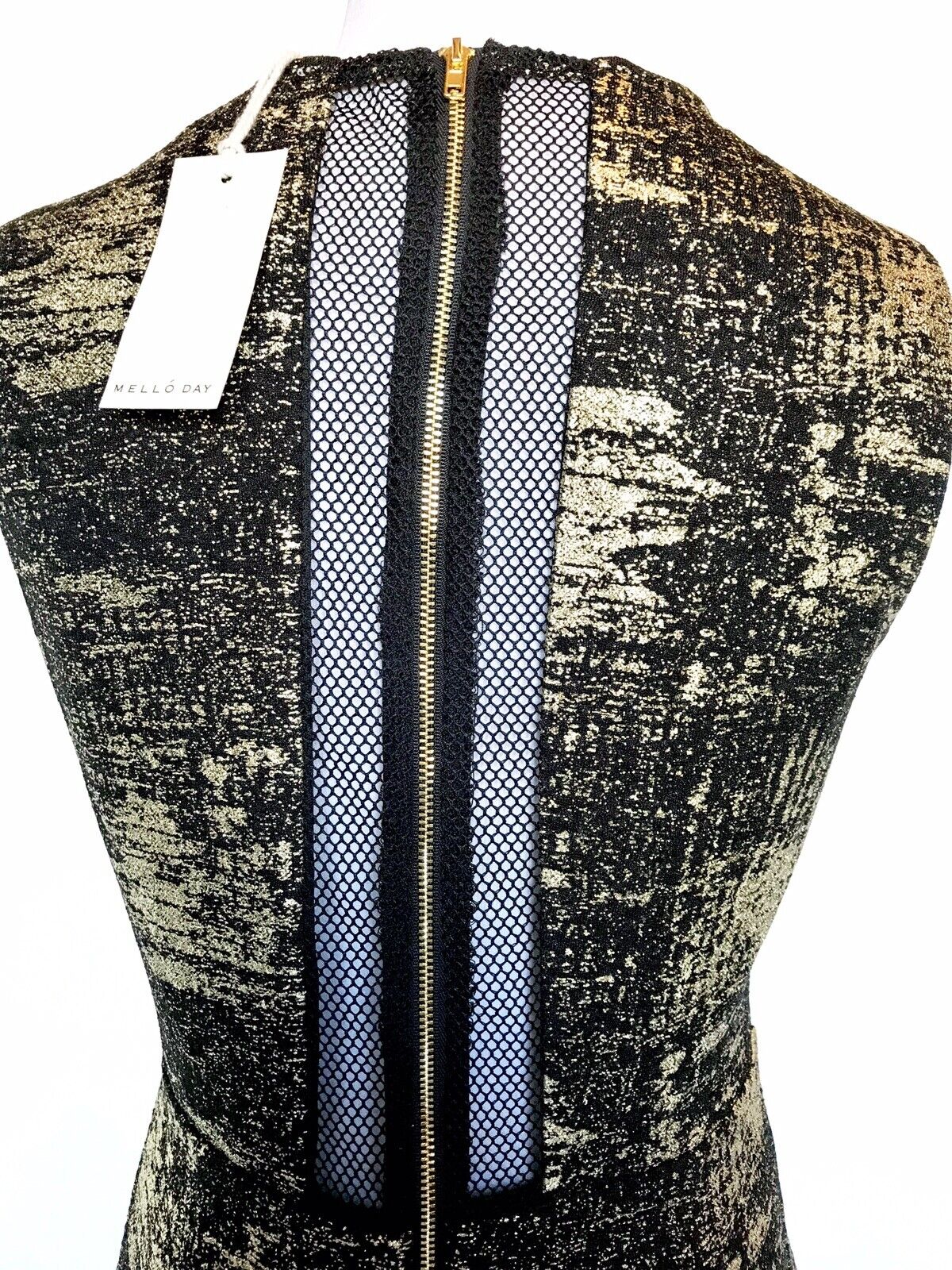 Melloday Gold And Black Mesh Cutout Stretch Dress Size Large. Price $44. NWT