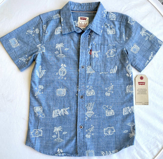 Levi’s boys shirt blue Printed short sleeve Cotton Retail $40 Price $26 Age 5-6