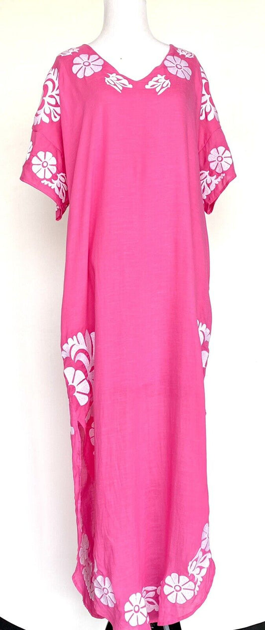 NWT J Marie embroidered Pink Linen mix Kaftan /  Dress XS Retail $136 Price $69