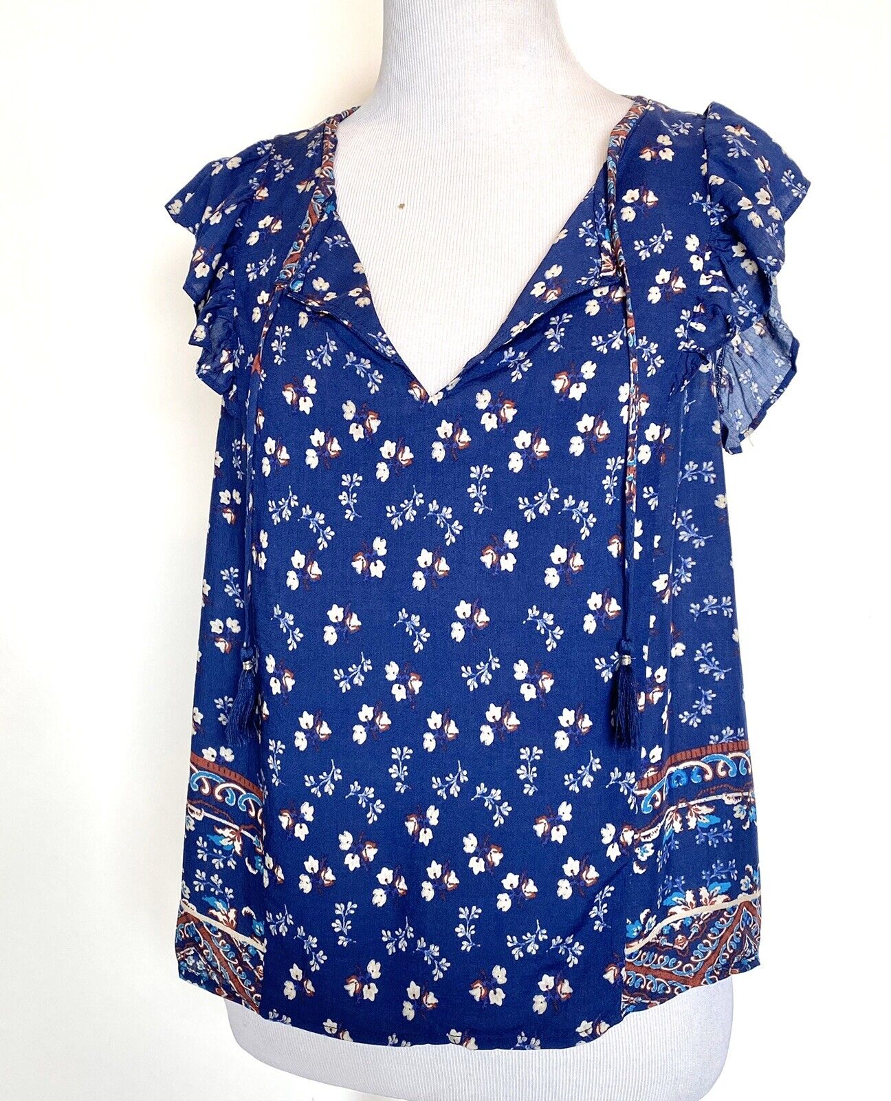 Beltaine Blue Tassel Peasant Boho Blouse Retail $128 Price $29 XS NWT