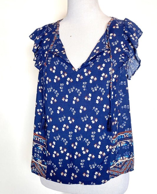 Beltaine Blue Tassel Peasant Boho Blouse Retail $128 Price $29 XS NWT