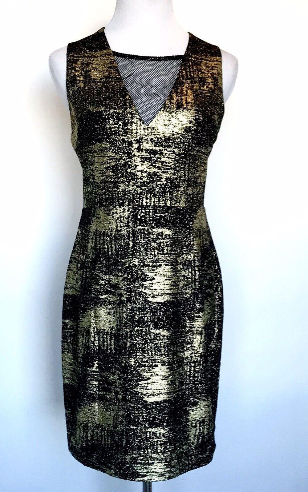 Melloday Gold And Black Mesh Cutout Stretch Dress Size Large. Price $44. NWT