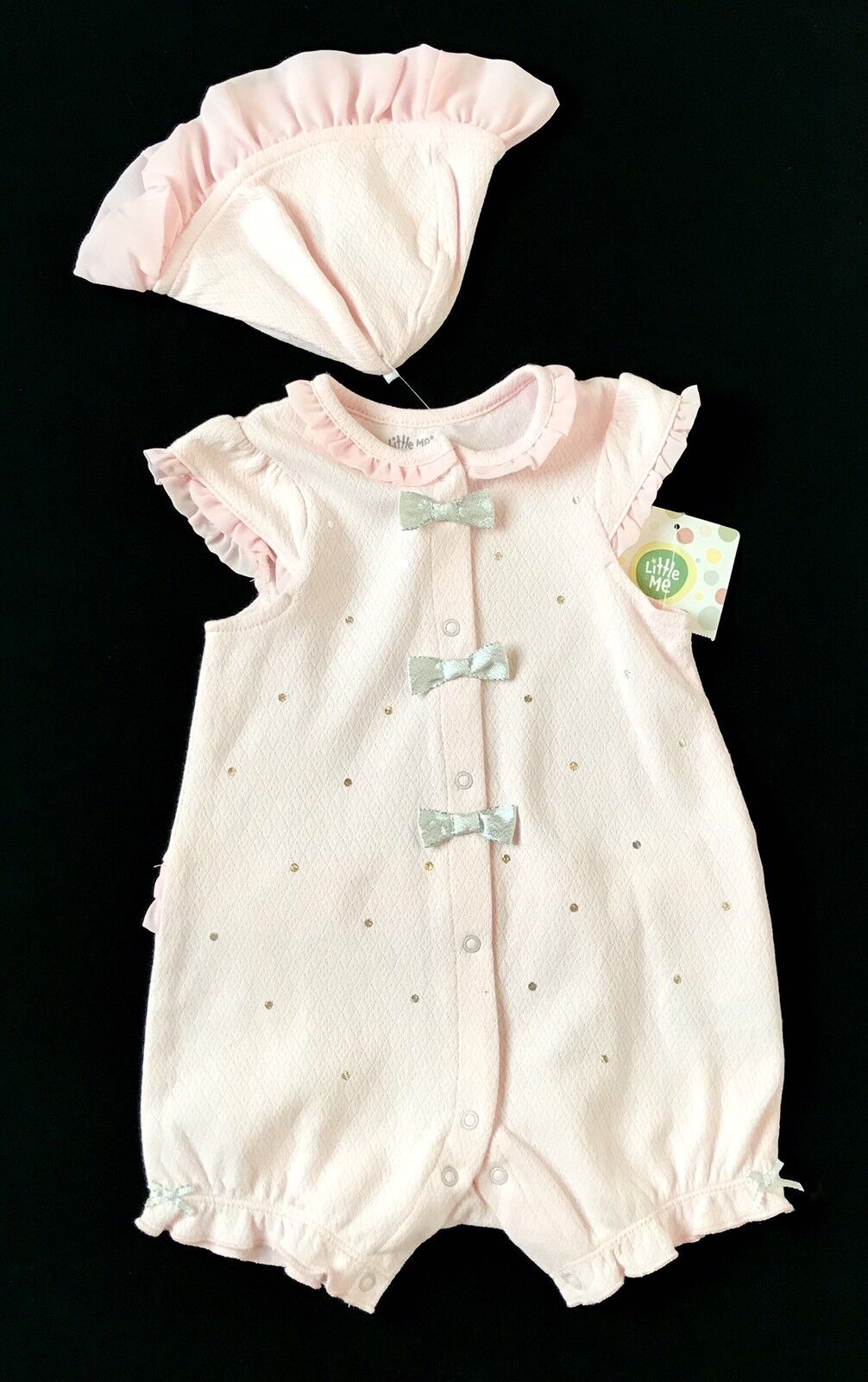 Little Me 2 Pc Pink Hat & Romper. Silver Spot & Bows Retail $26 NWT Price $19 9M