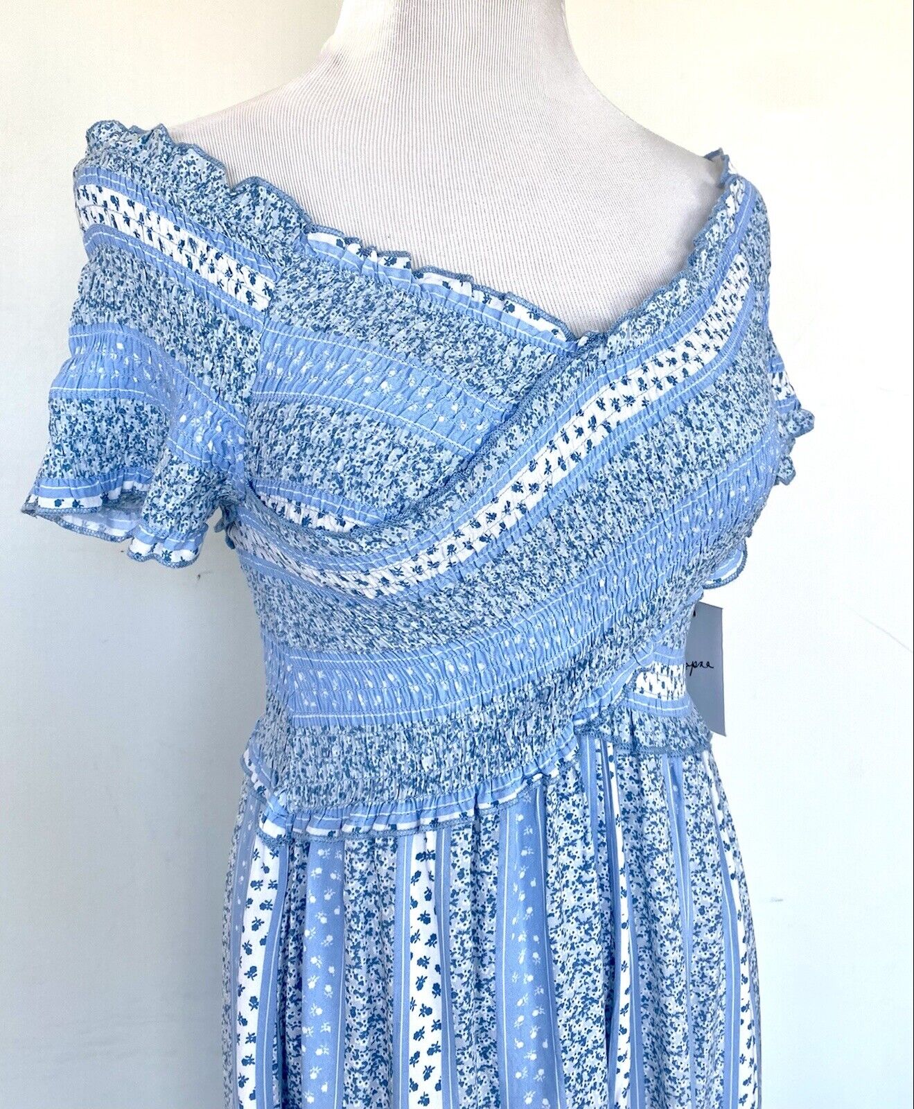 Japna surplice smocked body jumpsuit Size Small Price $49 Blue White Wide Leg