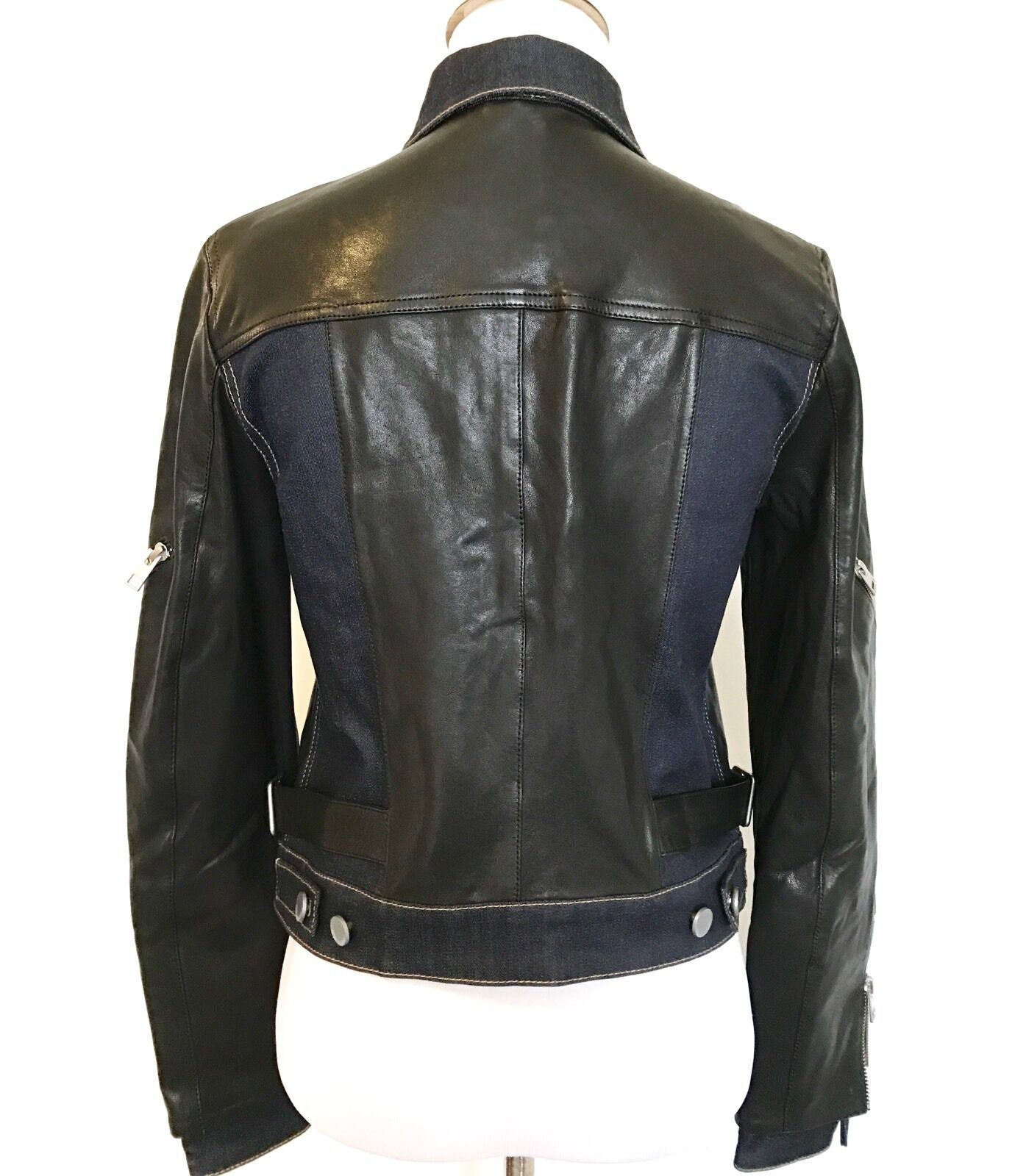 AllSaints Curtis Denim & Leather Biker Jacket NWT Retail $725 Price $395 Size 6