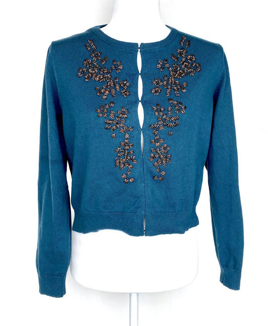 Sundance Beaded Cardigan Cotton Cashmere Mix Retail $158 Price $69 PS Teal NEW