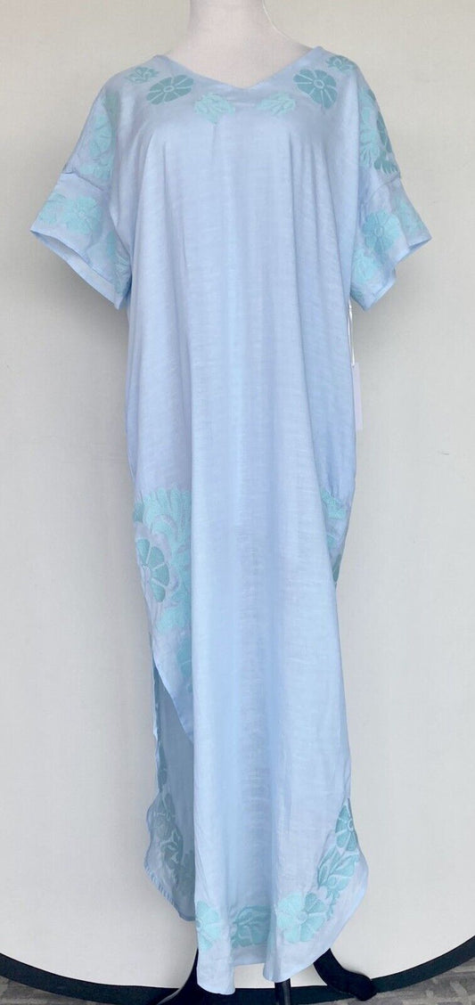 NWT J Marie embroidered Blue Linen mix Kaftan Dress M Retail $136 Price $68