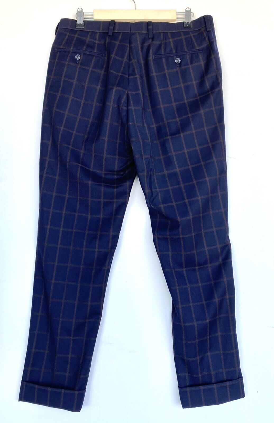 Tallia Mens Wool Pants Navy Brown 34X32 Cropped Windowpane Plaid Price $56