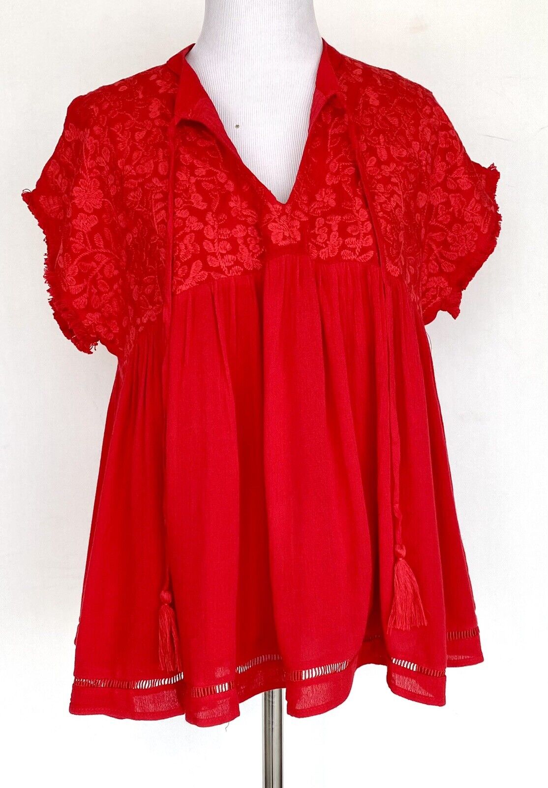 J Marie embroidered Athens Tassel Top size XS Retail $92 Price $59 Red NWT