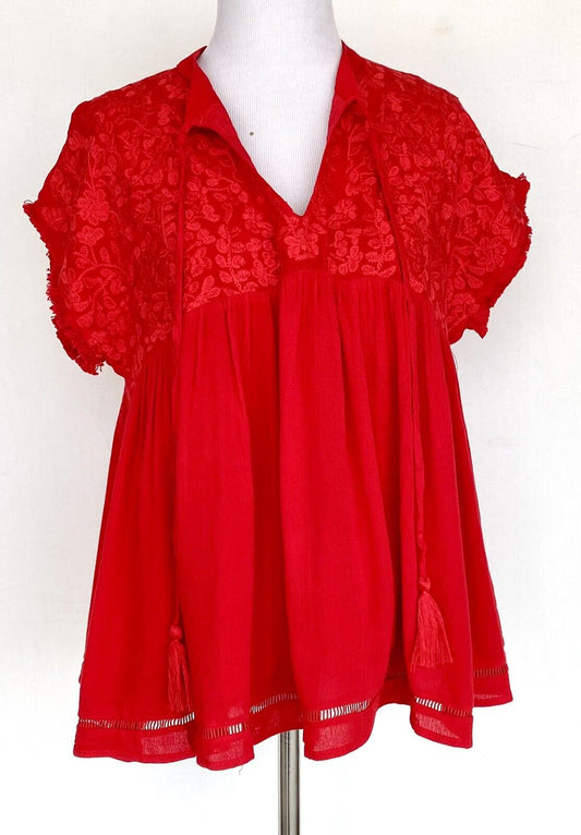 J Marie embroidered Athens Tassel Top size XS Retail $92 Price $59 Red NWT