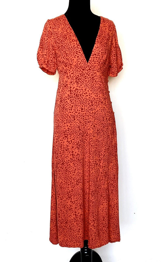 Free People Flame Red Boho Midi Dress Leopard Sz 0 Retail $168 Price $89 NWT