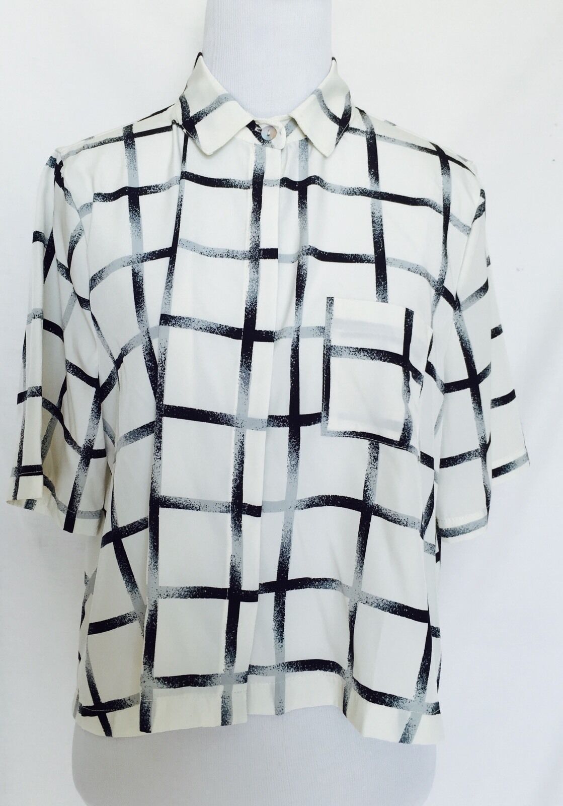 ACHRO Ivory Gray And Black Checked Boxy Blouse. NWT Size Small $29