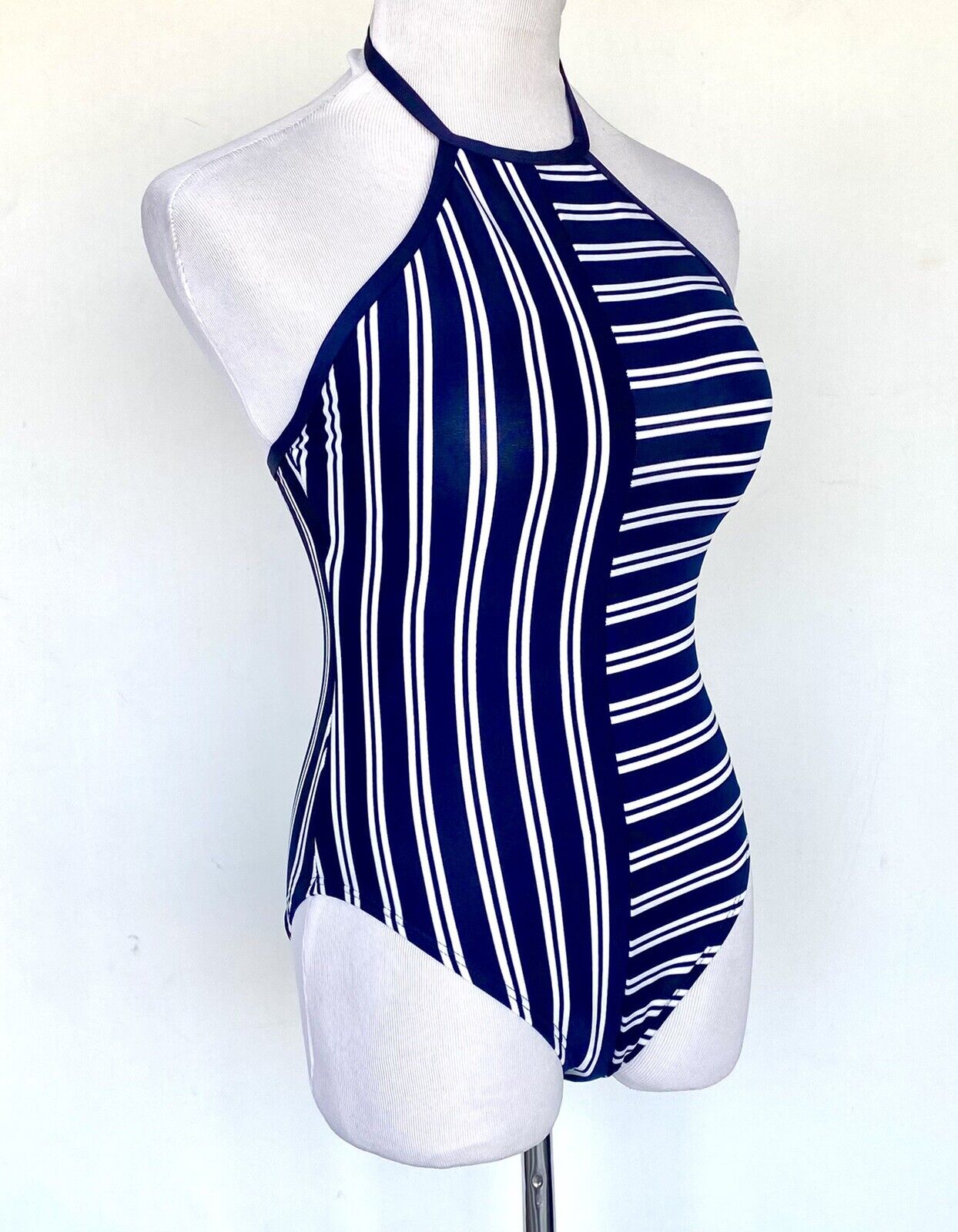 Nautical swimsuit stripe navy white Retails $108 Price $54 Size M Halter Neck