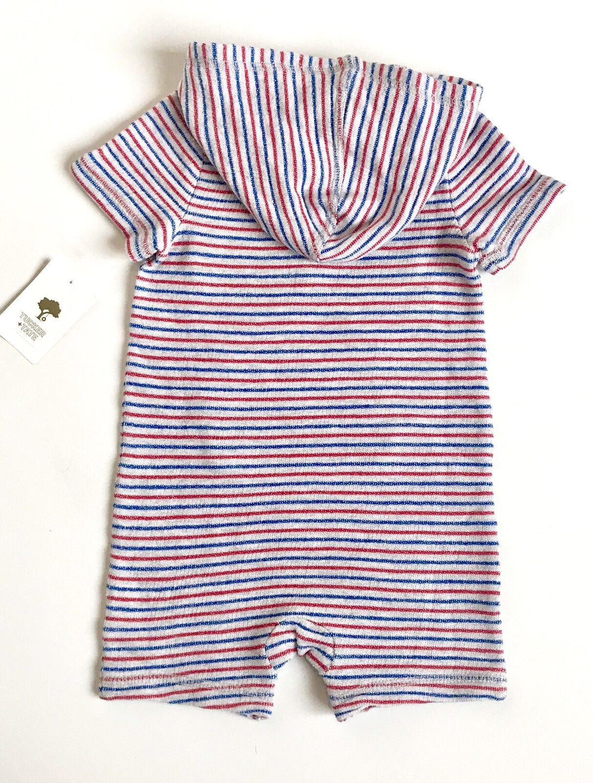 Tucker + Tate Grey Red Blue Stripe Hooded Romper.NWT Retails $35 Price $20.98 9M