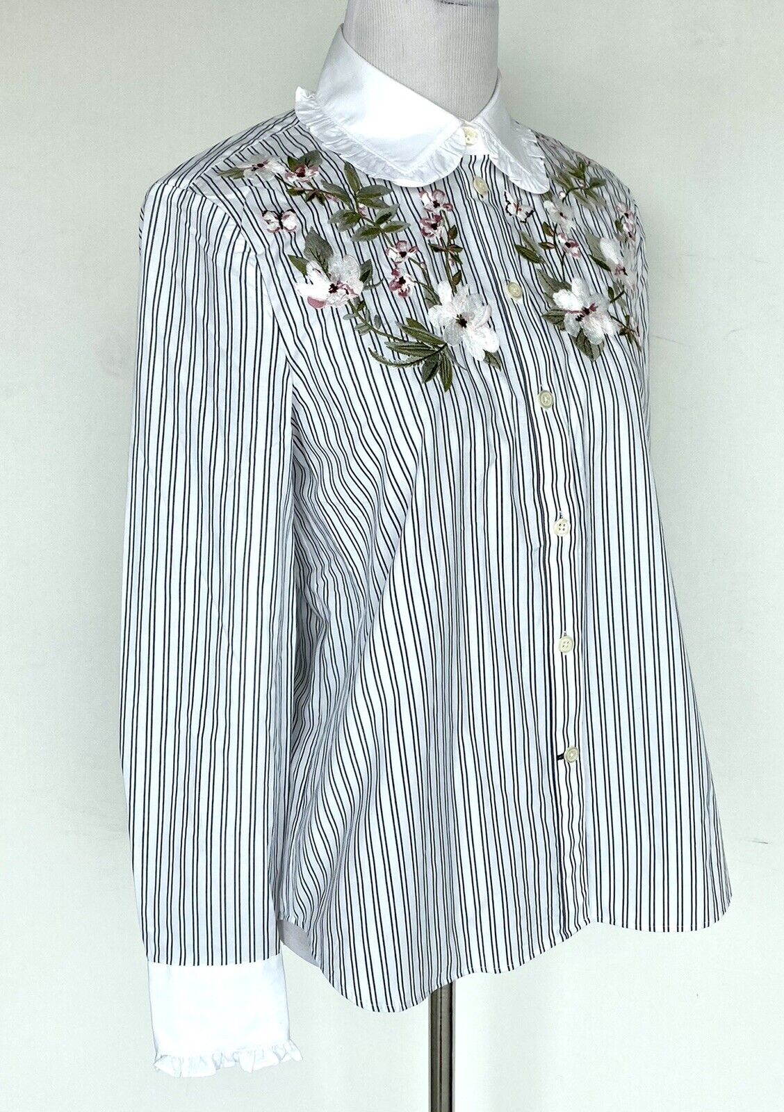 Kate Spade Embroidered Stripe Ruffle Shirt Retail $168 Price $69 Size XS NWT