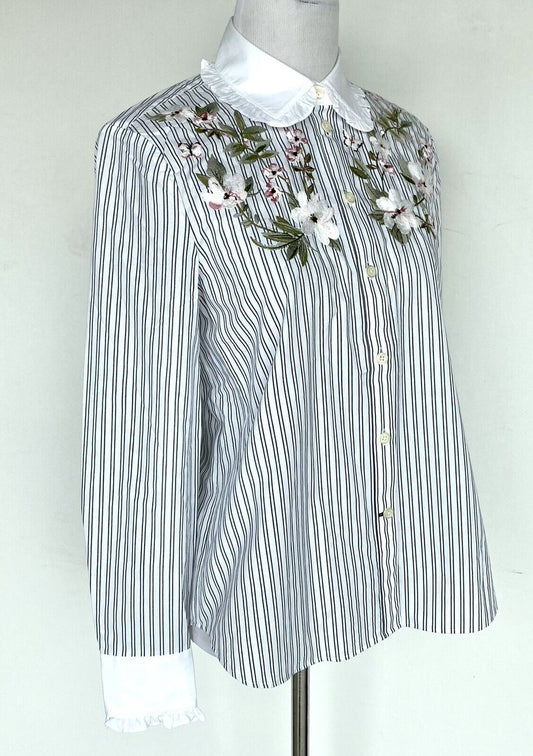 Kate Spade Embroidered Stripe Ruffle Shirt Retail $168 Price $69 Size XS NWT