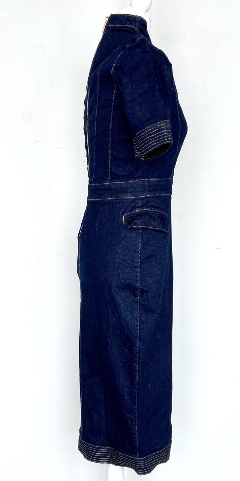 Karen Millen Gold Button Stretch Denim Pencil dress US 2 Retail $232 Price $169