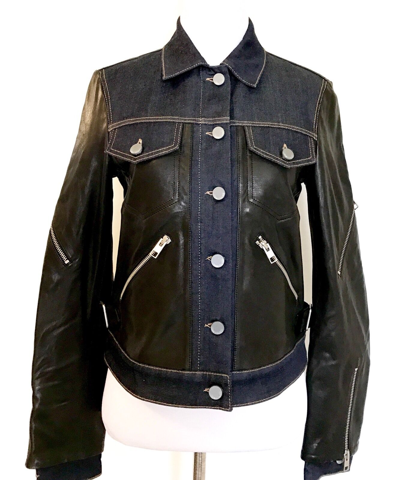 AllSaints Curtis Denim & Leather Biker Jacket NWT Retail $725 Price $395 Size 4