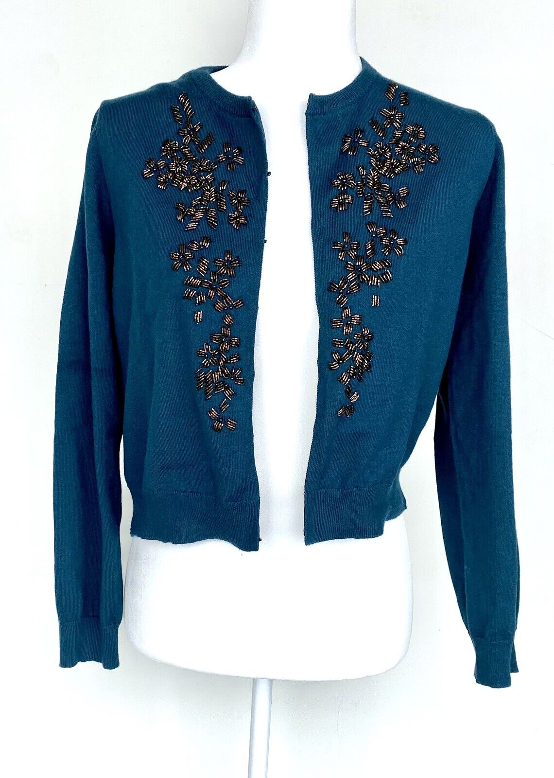 Sundance Beaded Cardigan Cotton Cashmere Mix Retail $158 Price $69 PS Teal NEW