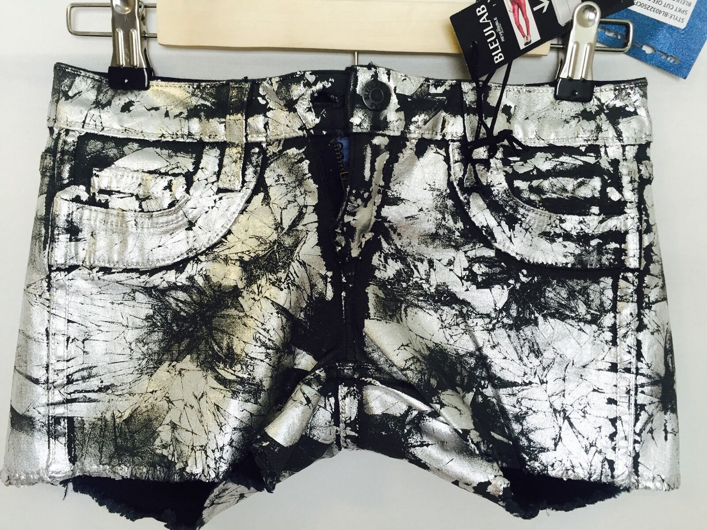 BLEULAB Reversible jean shorts.retails $198 price $39 SILVER CRACK FOIL 23 Waist