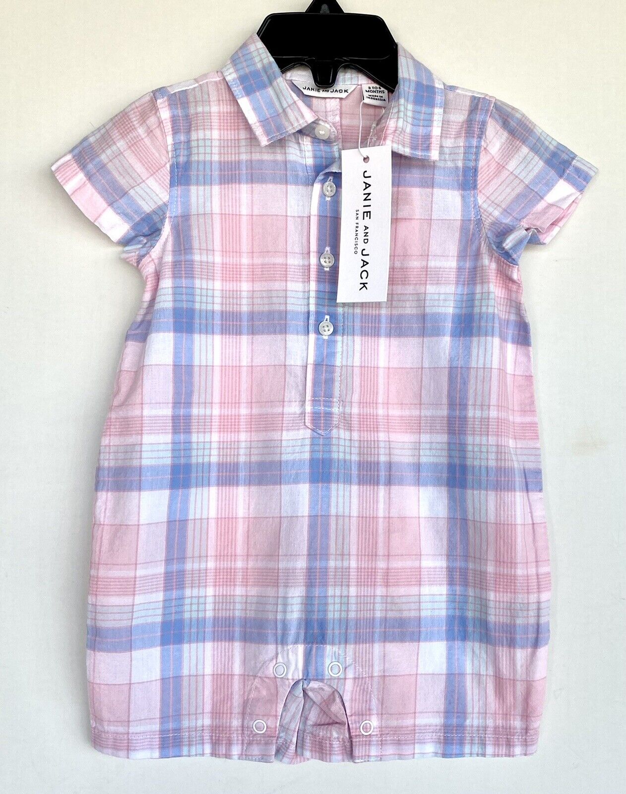 Janie And Jack Blue Pink Check Cotton Romper 3-6 M NWT Retail $42 Price $35