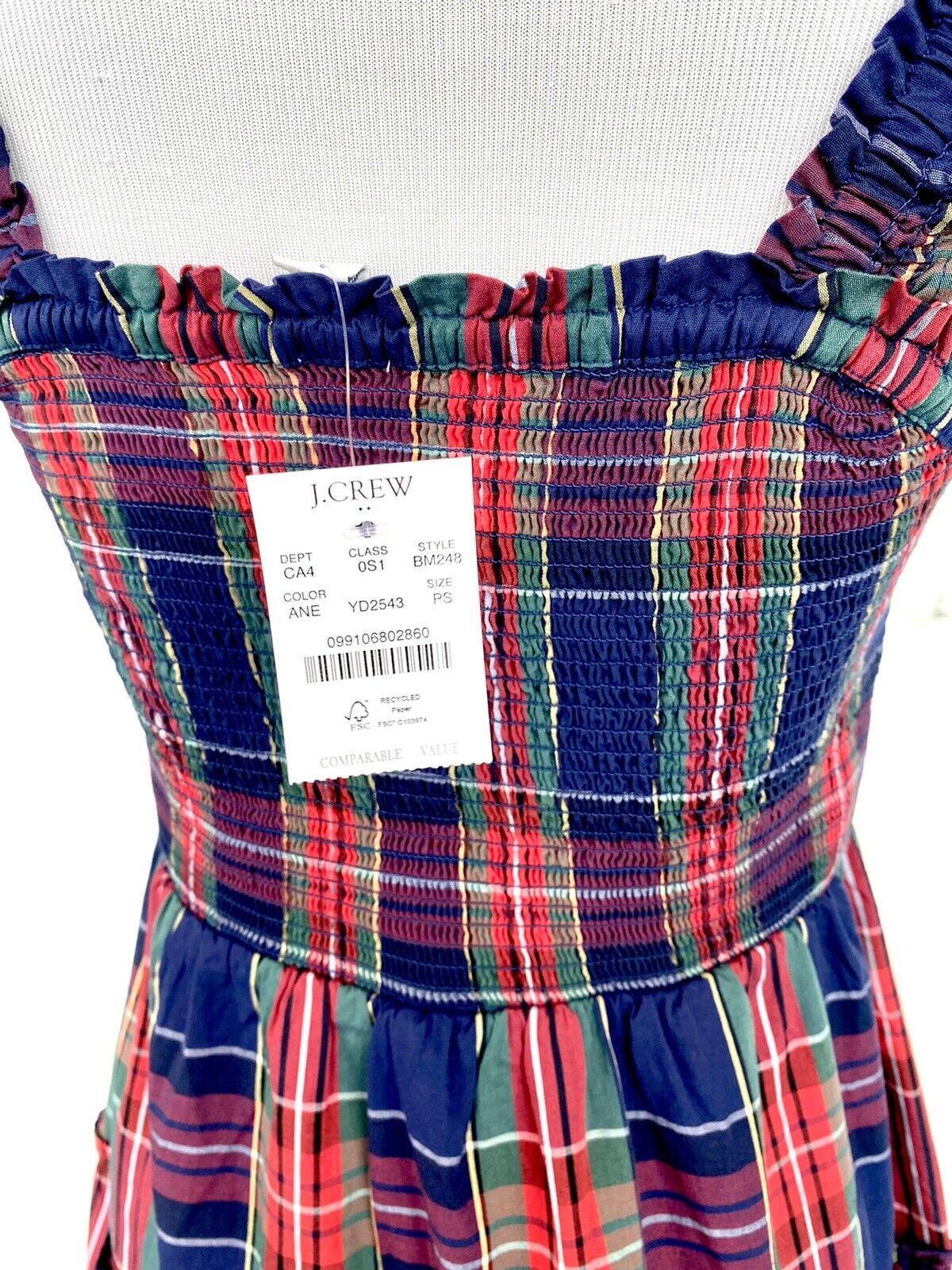 J.Crew Tartan Plaid Smocked Bodice Size PS Retail $128 Price $69 Cotton Poplin