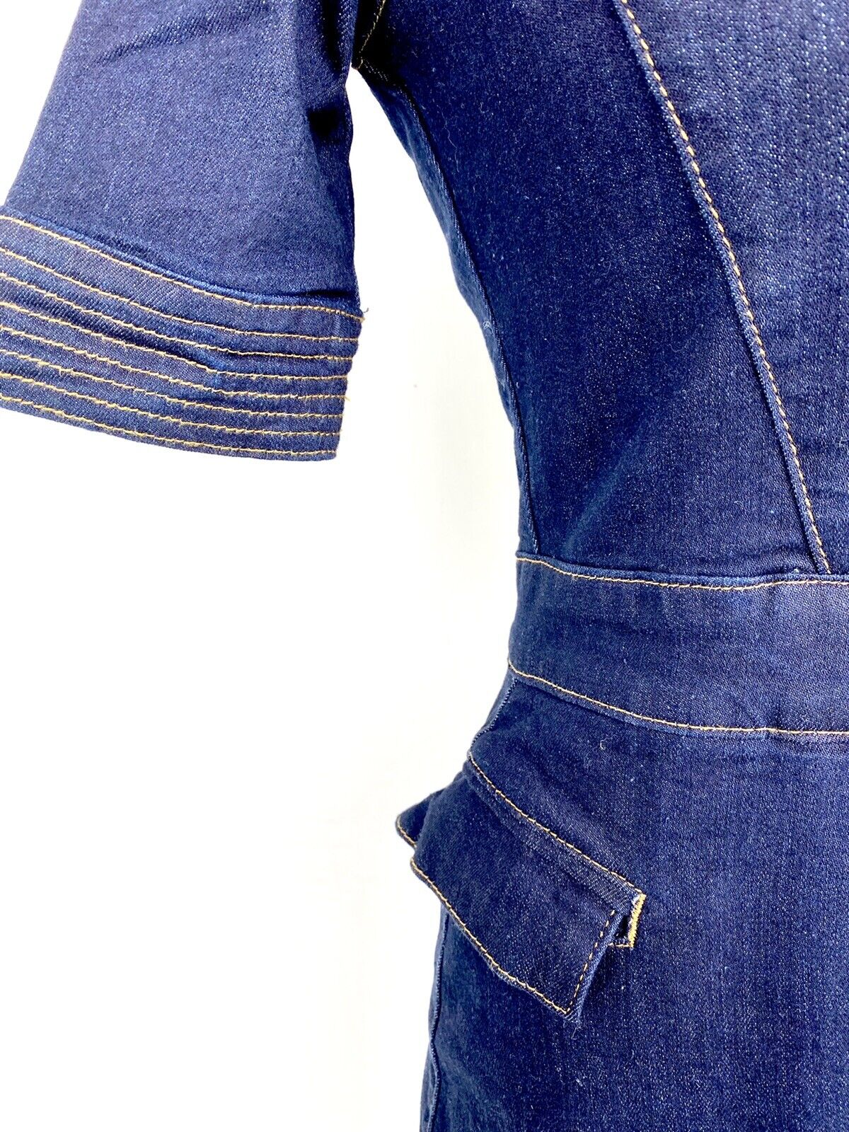 Karen Millen Gold Button Stretch Denim Pencil dress US 2 Retail $232 Price $169