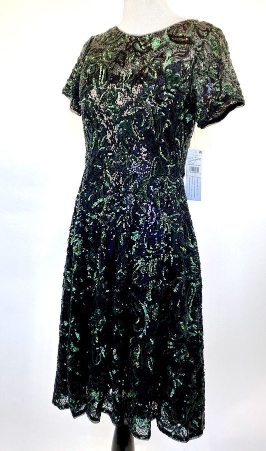 Aidan mattox Jaquard Green Black Bead Cocktail Dress Sz 2 Retail $295 Price $$98