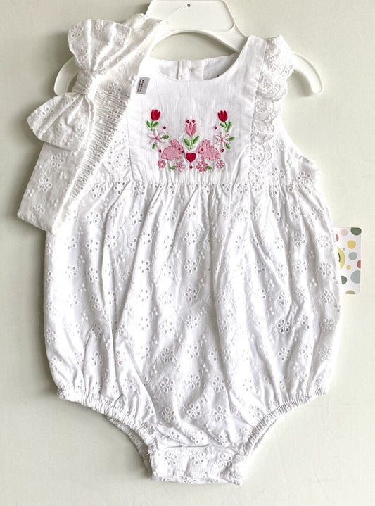 Little Me 2 Pc Eyelet Bunny Bubble Romper & Headband 12M NWT Retail 32 Price $22