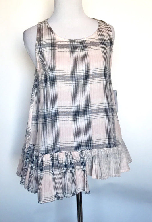 Susina Swing Top Frill Hem. Pink & Grey Plaid Check Size S. NWT Price $29